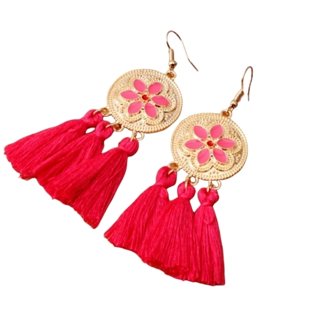 Bohemian Tassels‎ Earrings Dangles Bright Pink